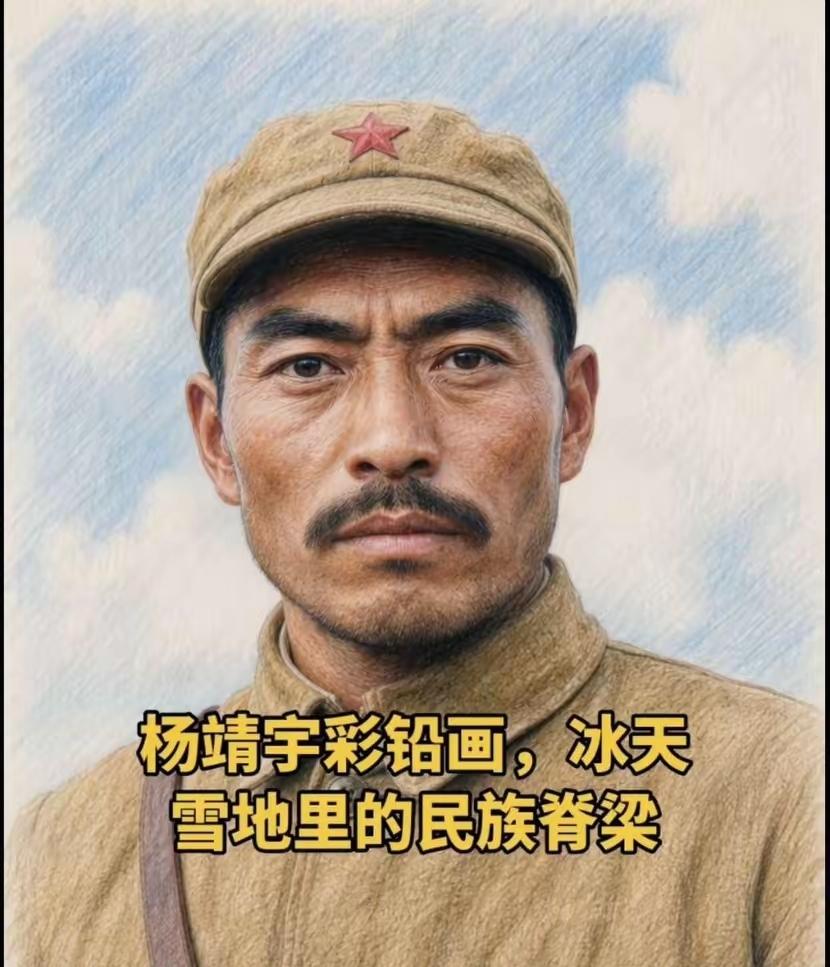 画中的杨靖宇头戴标志性的红星军帽，身穿土黄色抗联制服。面部刻画极其传神：浓密的眉