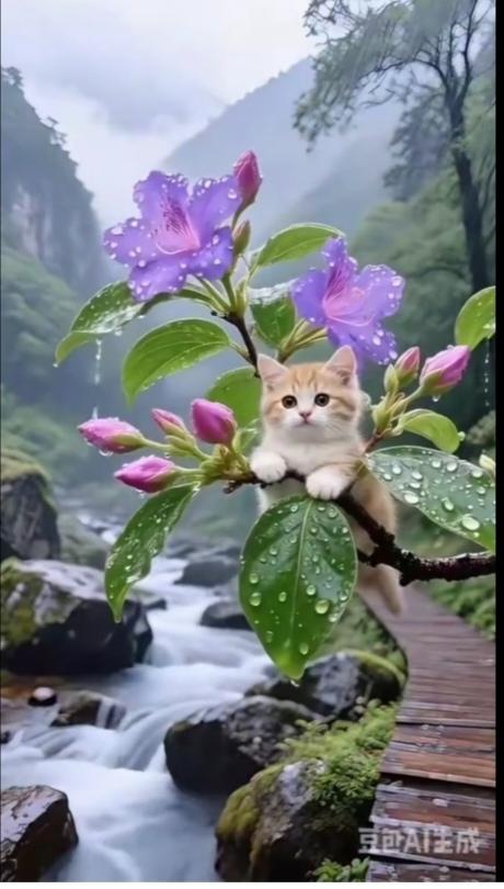 必须得爱护环境
山清水绿风光好，树木成林花鸟多。猫咪可爱在花丛。此时此刻，我的心