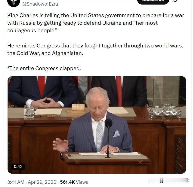 Charles国王正在告知美国政府，要为与俄罗斯的战争做好准备，具体方式是准备好