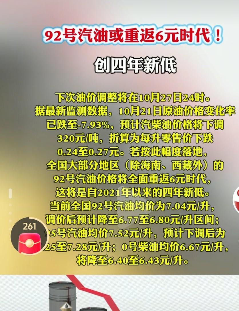 油价重返6元时代，这真是个不错的消息啊，这真的是能为开车的省不少钱啊！