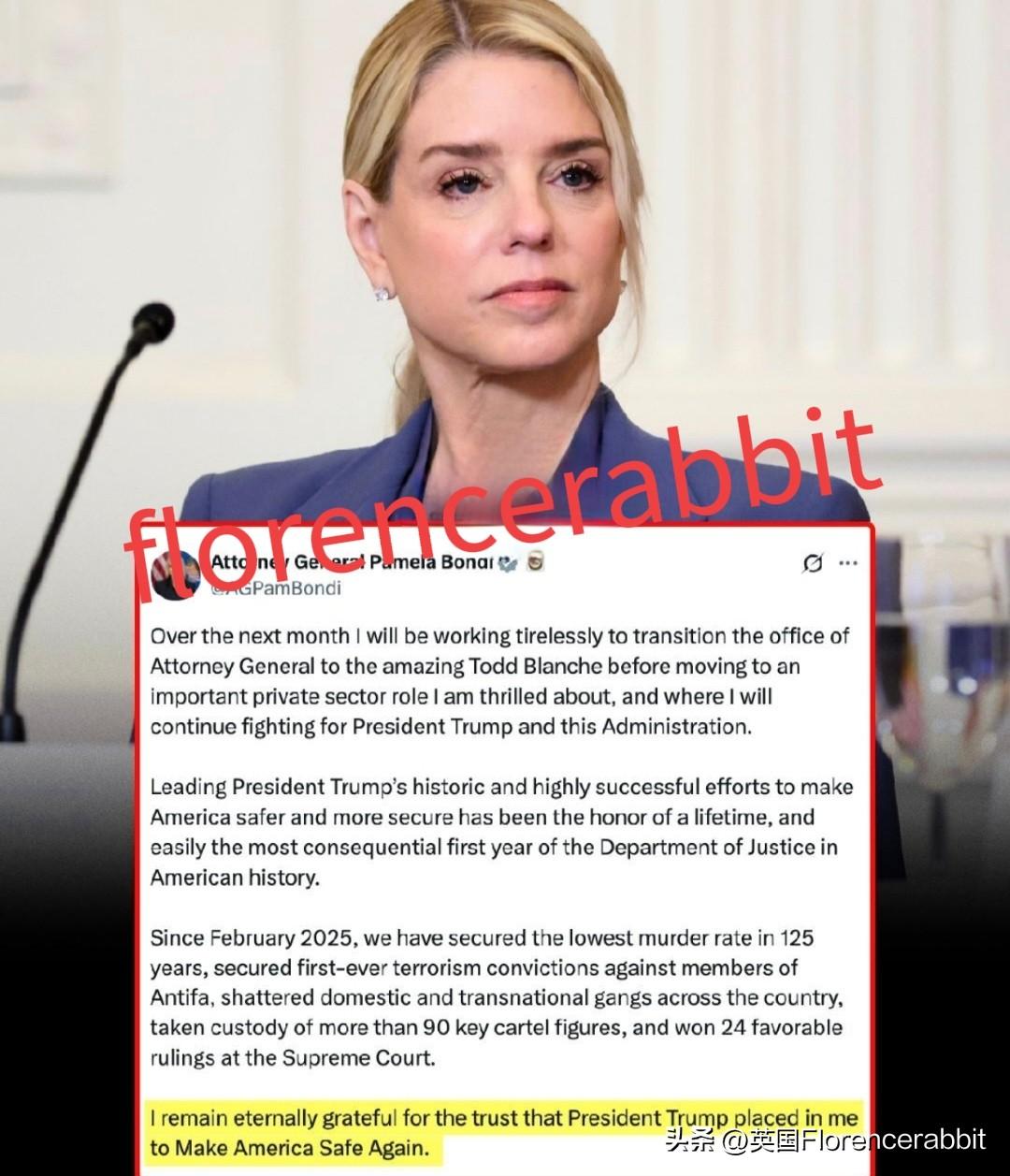 帕姆·邦迪被解雇后，她发表了声明📍
与唐纳德白宫深夜对峙后，这位司法部长作出了