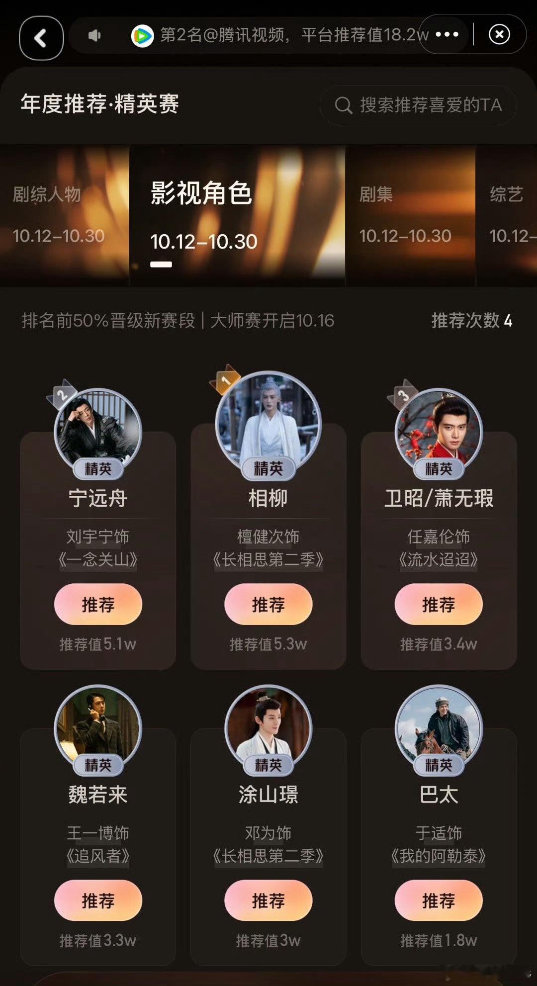 快来投票，微博视界大会影视角色入围🈶：檀健次演的相柳刘宇宁演的宁远舟任嘉伦演的