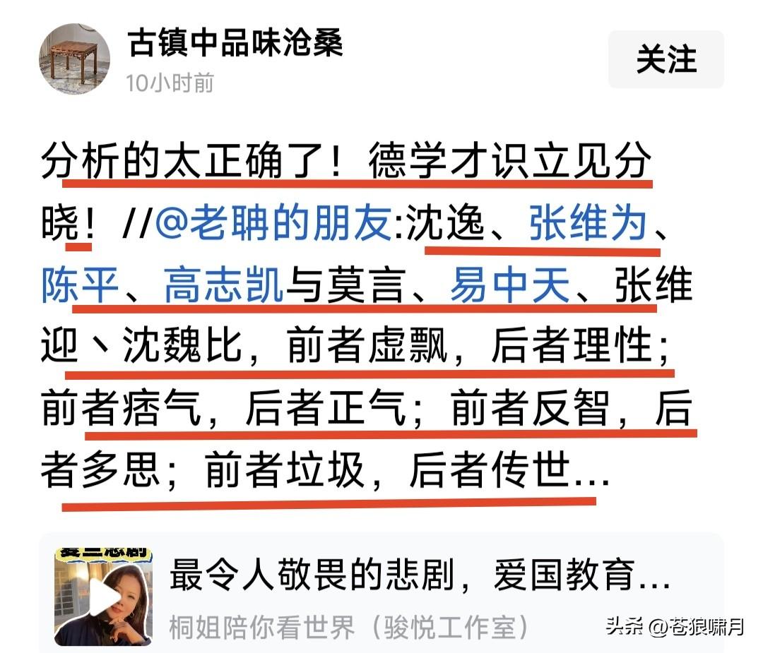 网友谈论众网红，经纬分明拎得清！德学才识各有别，评价高低令人醒。

网友把张维为