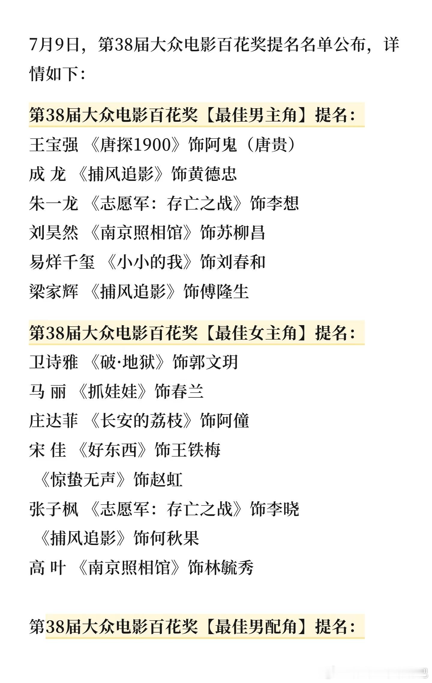 第38届百花奖提名名单百花奖提名名单出来啦有点出乎意料诶。我看好几部提名的都是腾