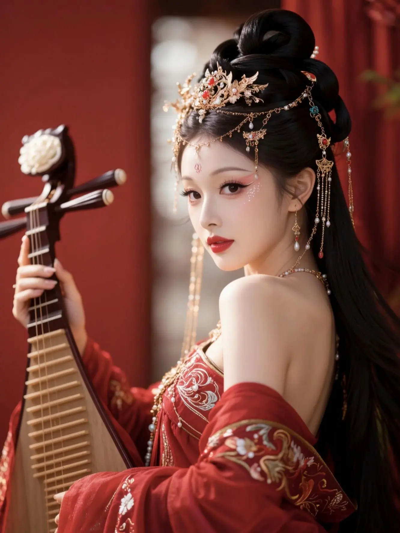 AI红妆琵琶影 ai创作全新升级 犹抱琵琶半遮面美到了 汉服琵琶写真 古风