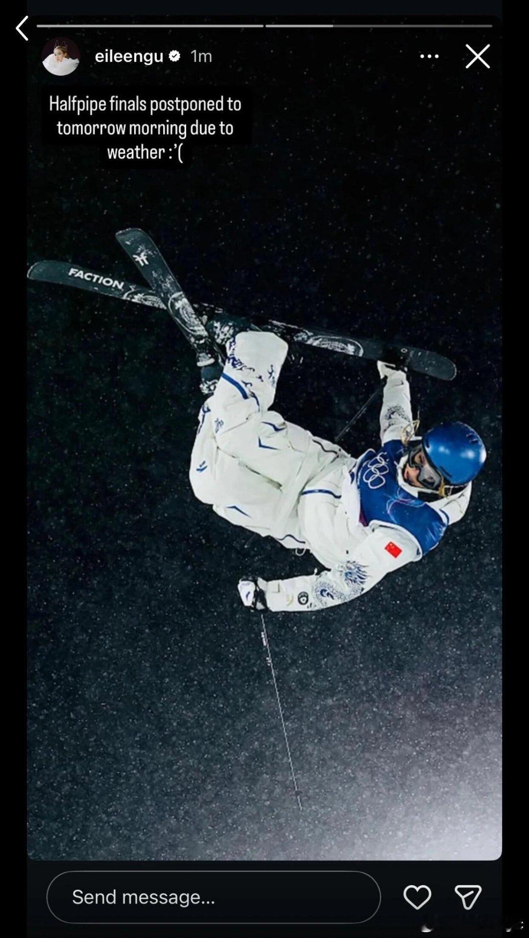 谷爱凌决赛时间更新受大雪大风天气影响，米兰冬奥会自由式滑雪女子U型场地决赛赛程调