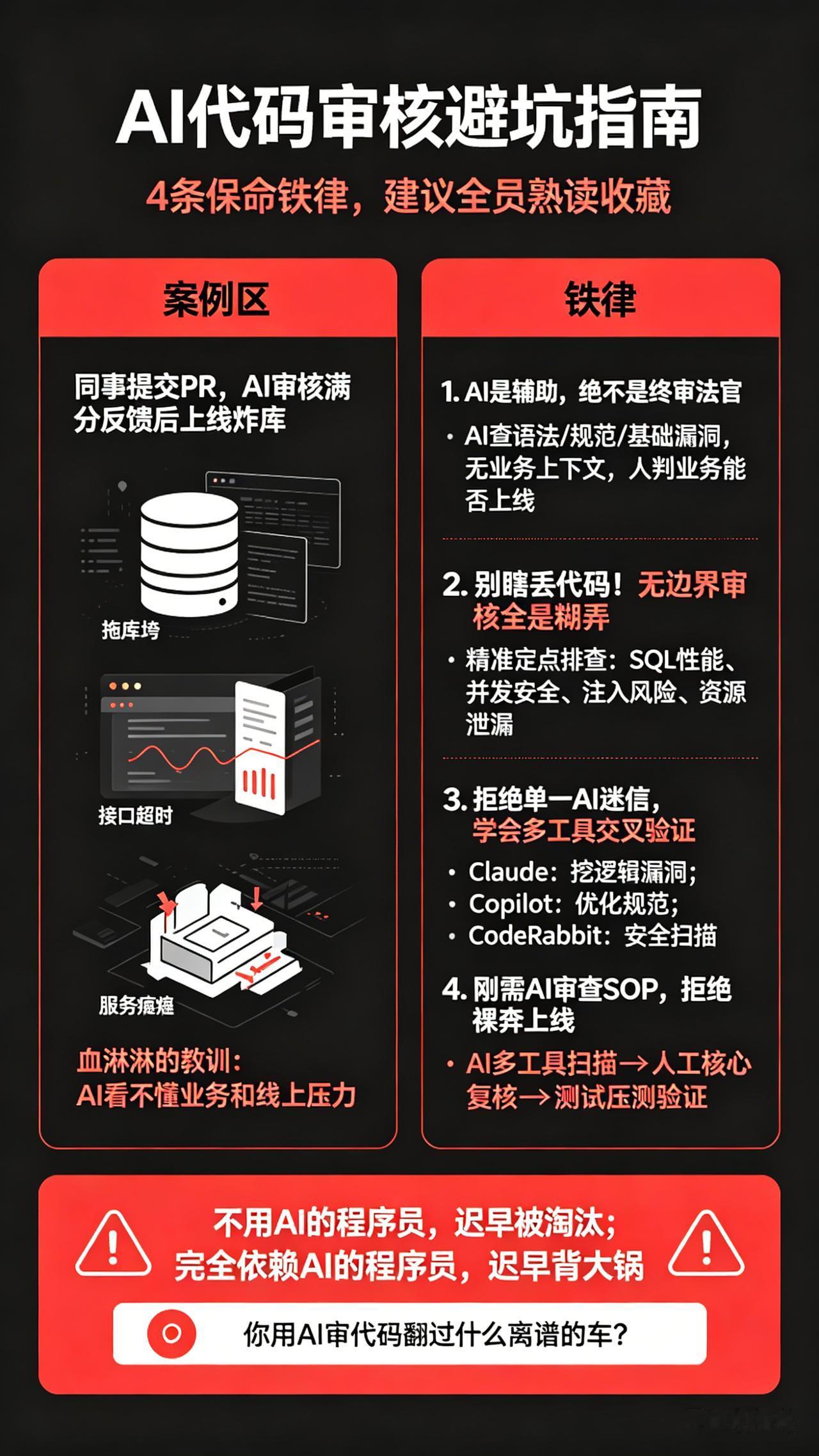 警惕！AI审核显示0问题，上线直接炸库💥九成程序员都在用错
真心劝所有程序员：
