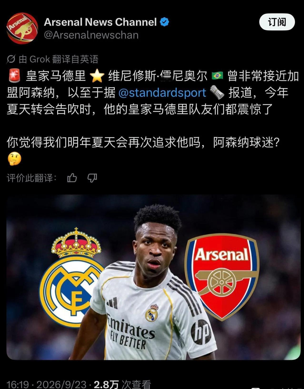 阿森纳博主还在对维尼修斯念念不忘。

说是明年夏天还要追求小熊。

主要是他年纪
