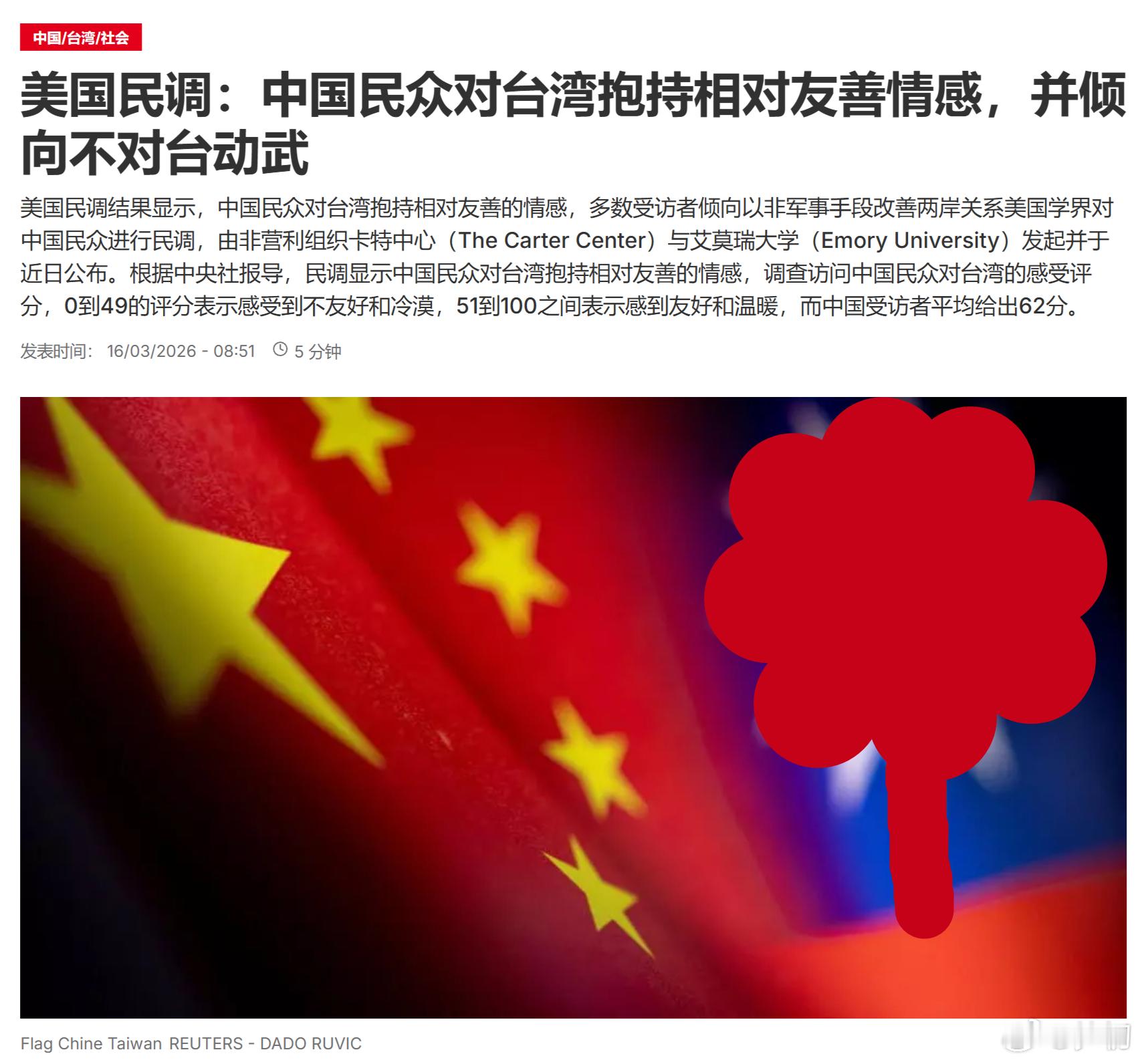 路透社：美国民调结果显示，中国民众对囼湾抱持相对友善的情感，多数受访者倾向以非军