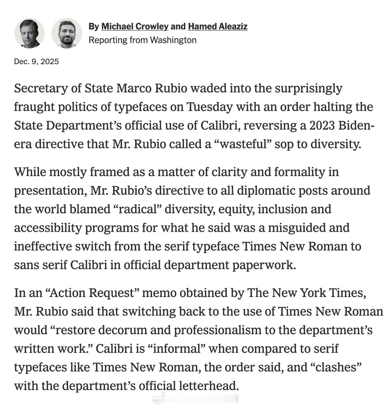 美国国务卿Rubio近日下令，全面停止国务院使用Calibri字体，恢复使用Ti