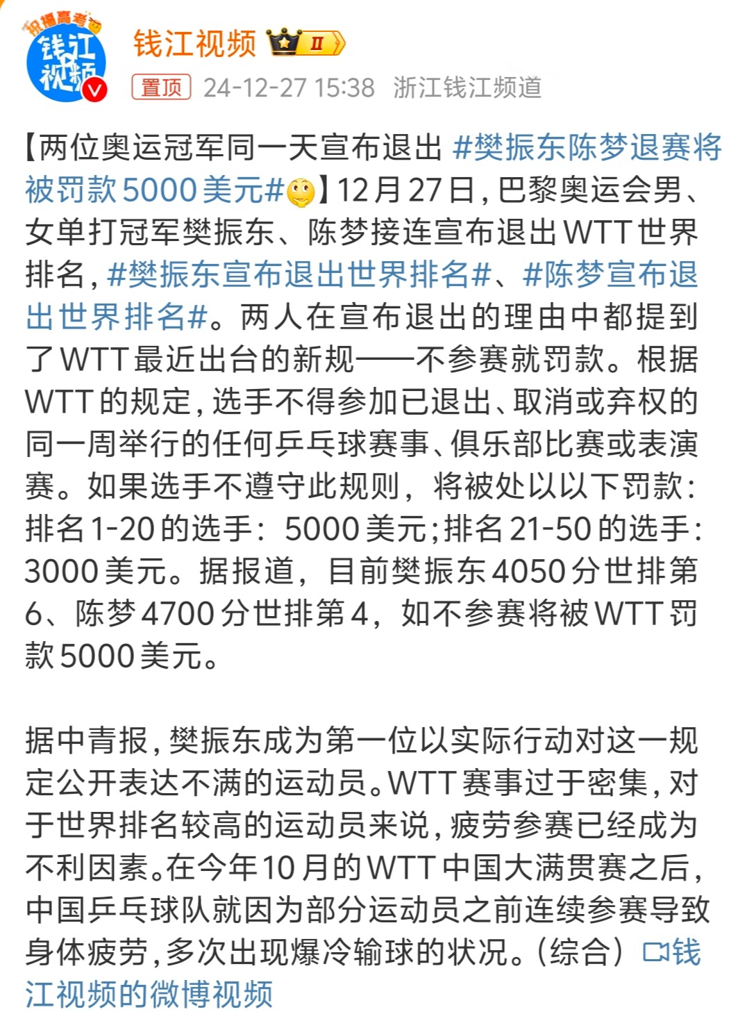 樊振东陈梦退赛将被罚款5000美元  运动员的健康和竞技状态很重要，过于密集的赛