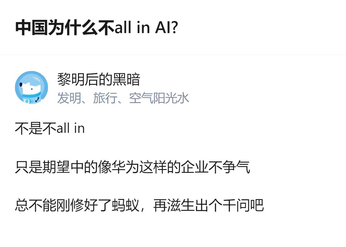 针对中国在AI领域的投入，有观点认为并非不全力投入，而是期望中的头部企业表现未达