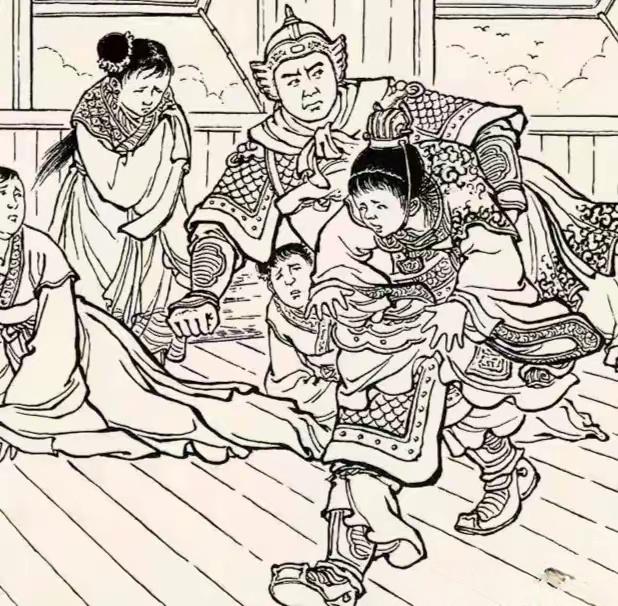 明抢。此图中一名将官全身披挂整齐，一把抓起一个小孩子，夹在肋下扭身就走...