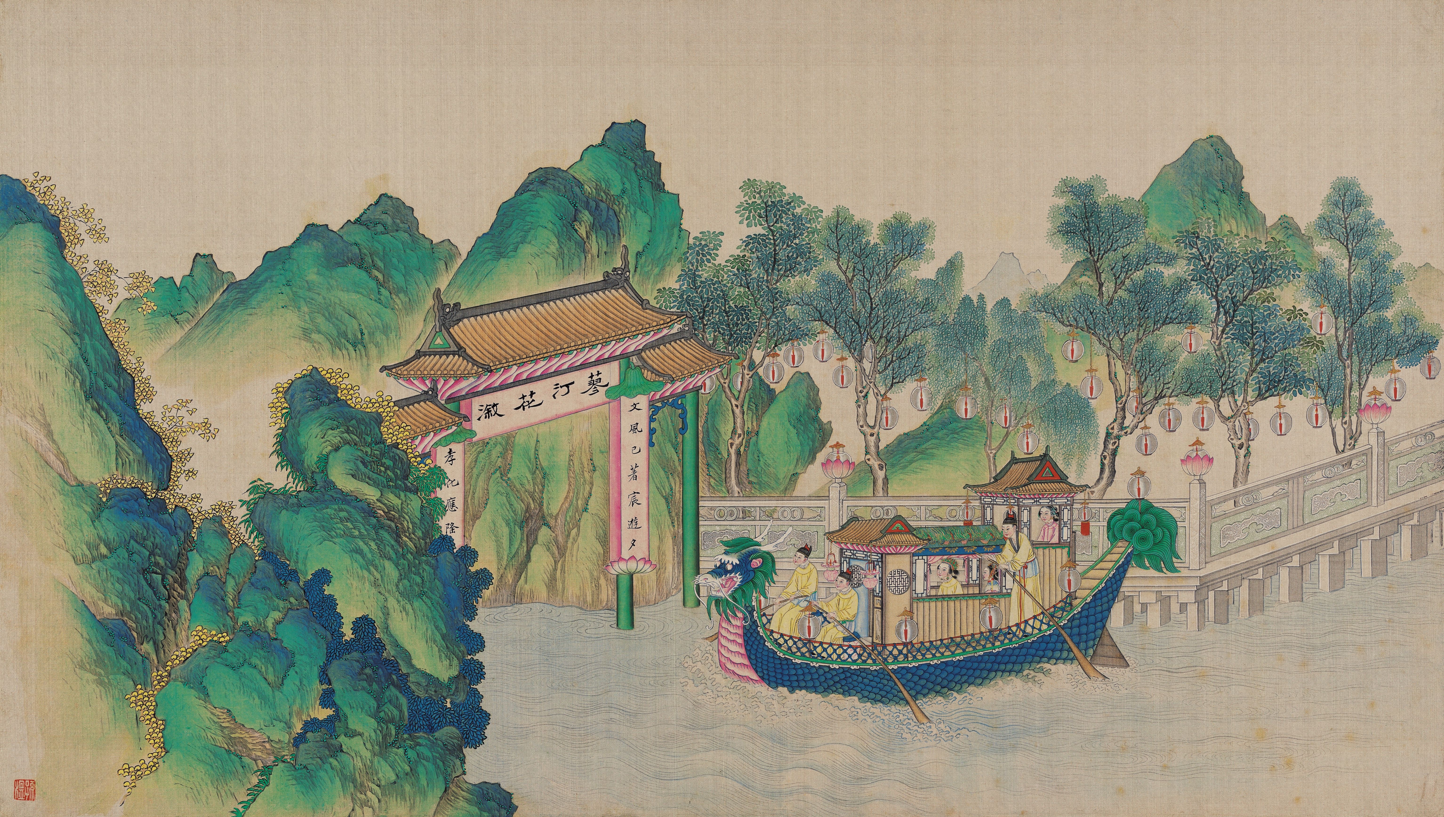 孙温《红楼梦图册》里元妃省亲时龙舟上的花篮灯，栏杆上的荷花灯。原著：“清流一带，