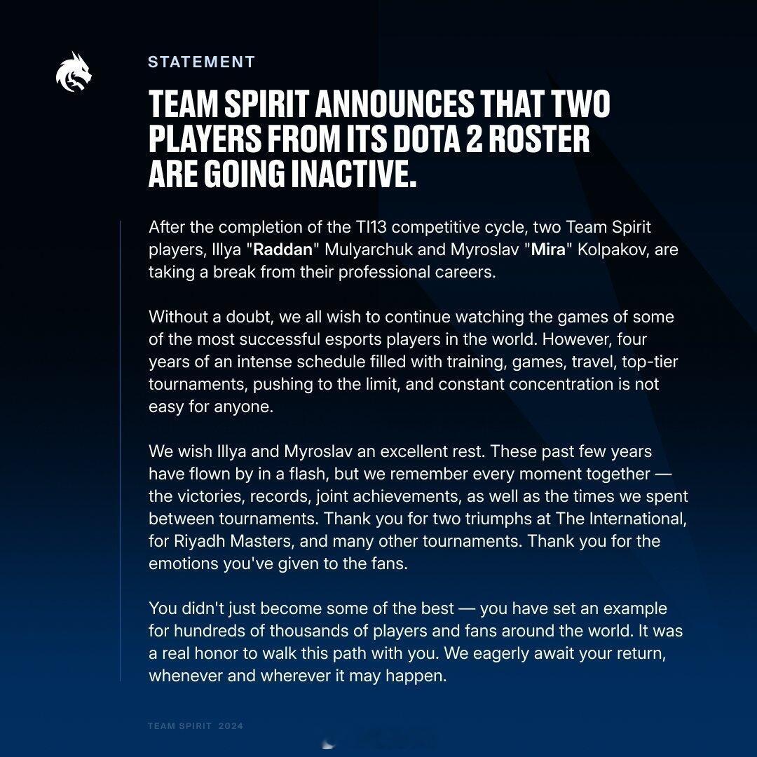 Spirit的Radden和Mira转为不活跃状态#dota2选手转会信息汇总#