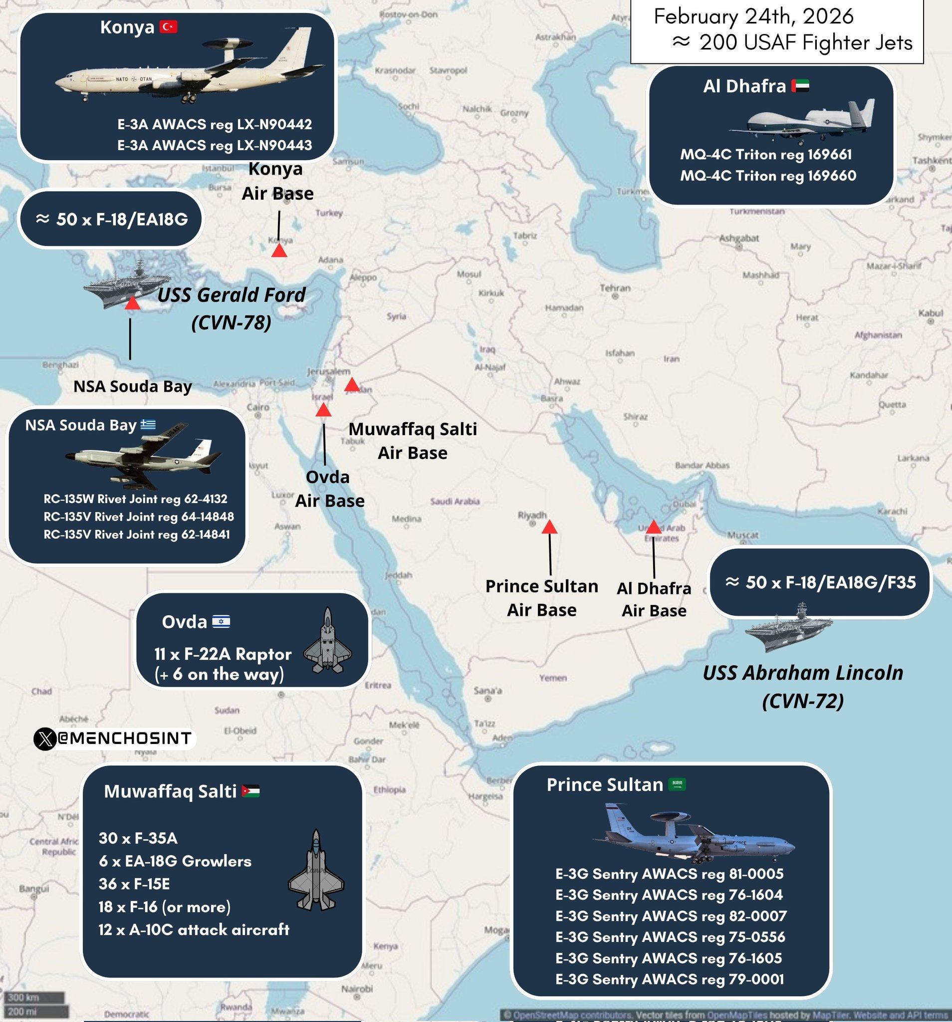 🔻截至 2026 年 2 月 24 日，美国在中东部署的军用飞机情况（*不完全