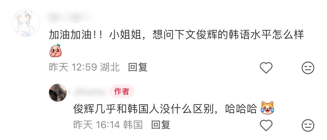 一位为了俊辉而学习中文的韩国人对俊辉语言能力的评价，听不出来区别简直就是最大的认