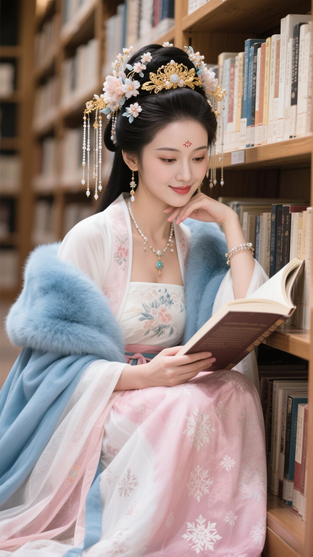 鹧鸪天·书馆春妆
云鬓簪花缀玉珰，雪衣轻覆软蓝霜。
袖间粉萼沾书页，额上朱砂印墨