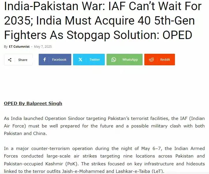 阵风坠落后

印度《欧亚时报》报道称，印度对于第五代战斗机的采购和研发不再是一种