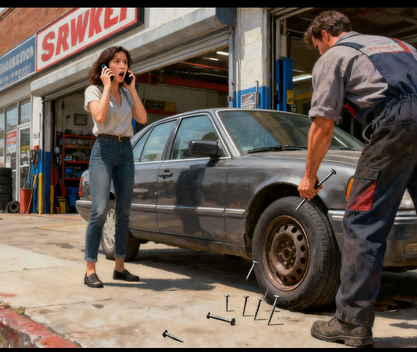 女子接电话挪车目击汽修店员放铁钉车主做法挺好的，她发现店员行为后当即质问并坚持报