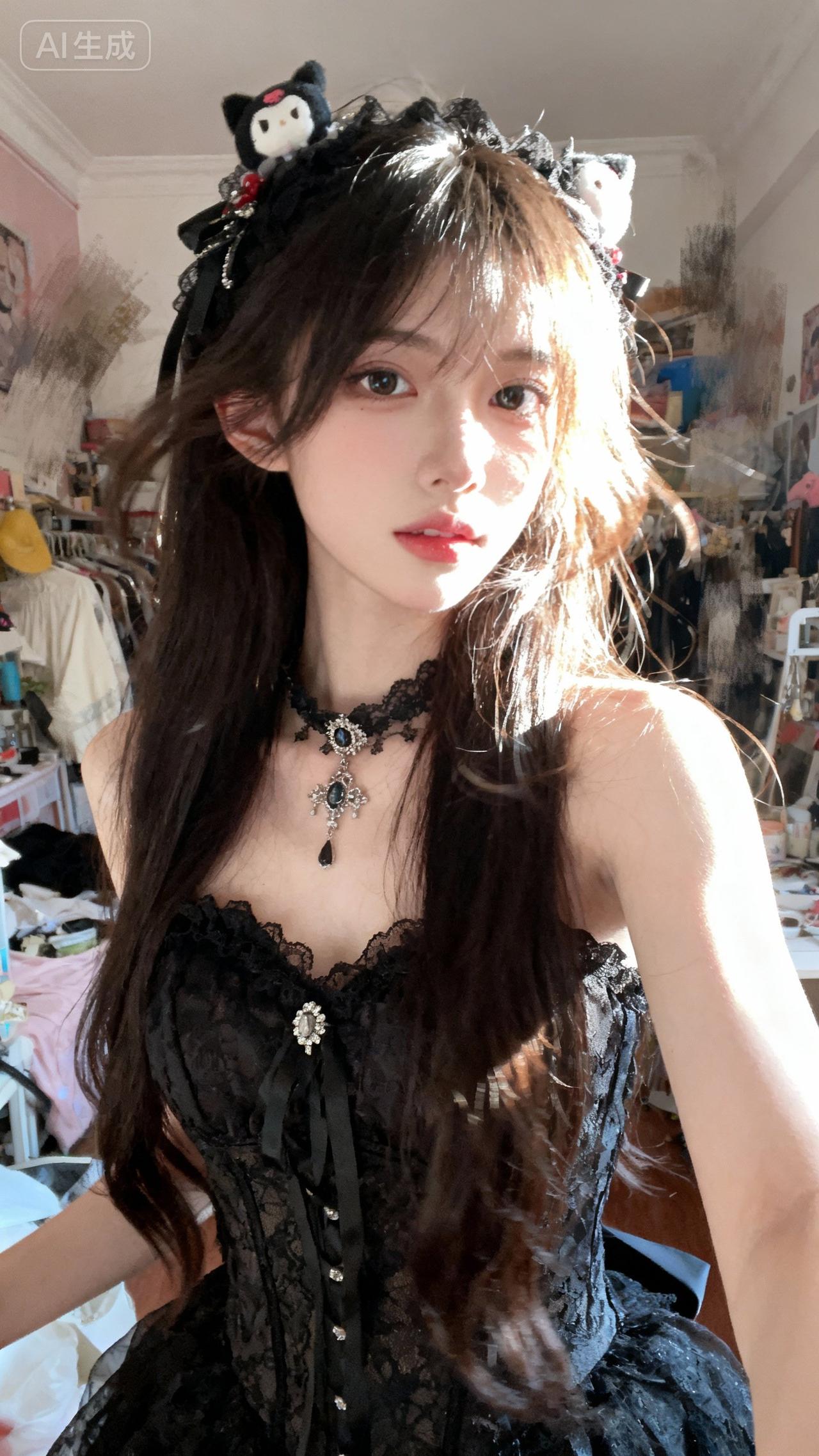 黑衣美人，猫耳相伴，古风韵味。