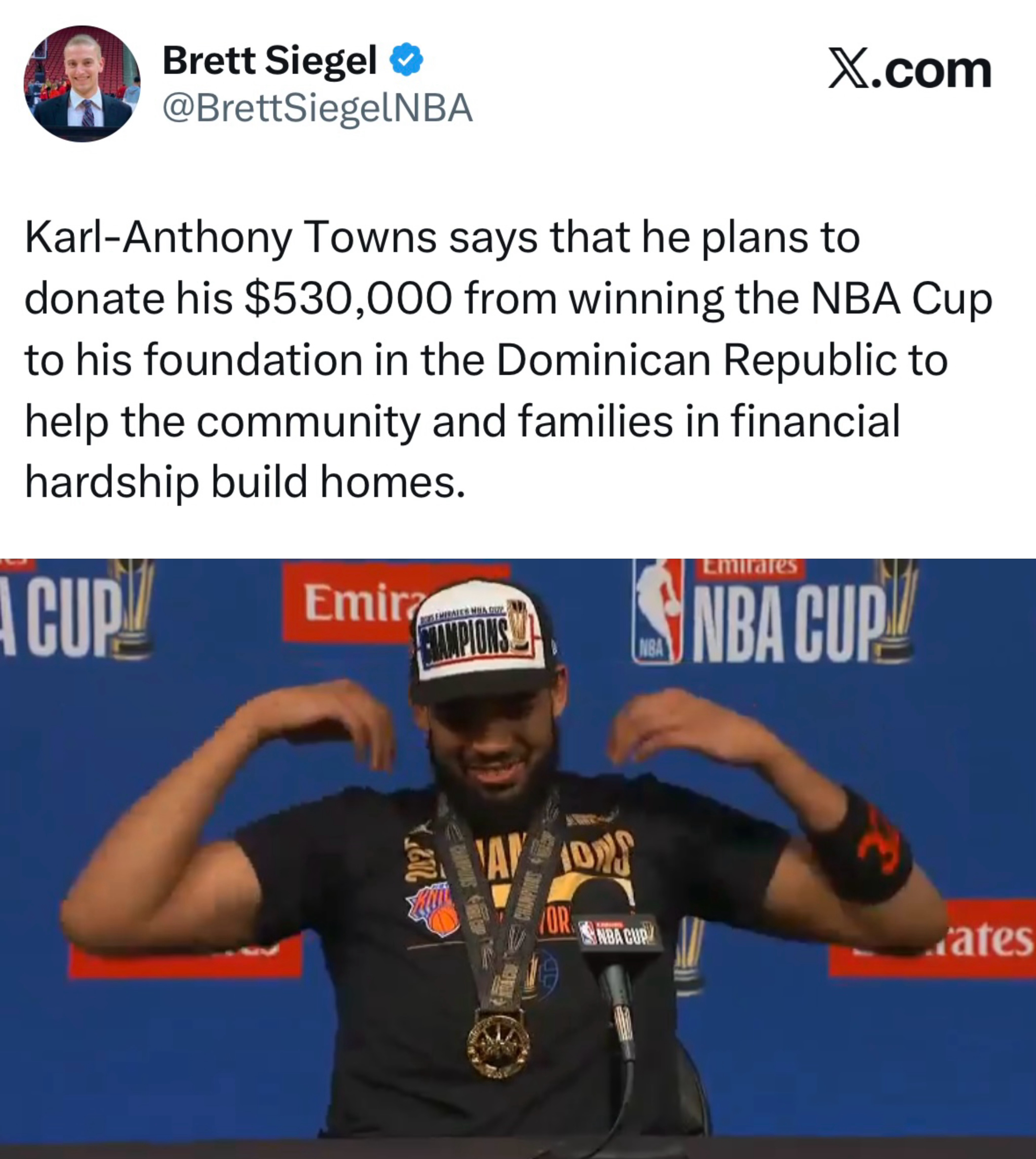 为慈善而战，唐斯表示，他计划将赢得NBA杯所获得的53万美元奖金捐赠给其在多米尼