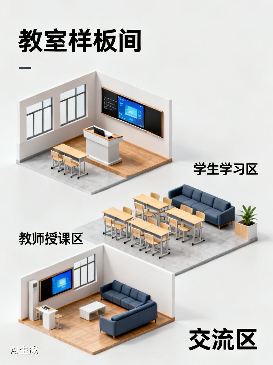 我建的第一个学校，是一所K12学校。
学生的教室，我们设计得比较大。除了靠墙的收
