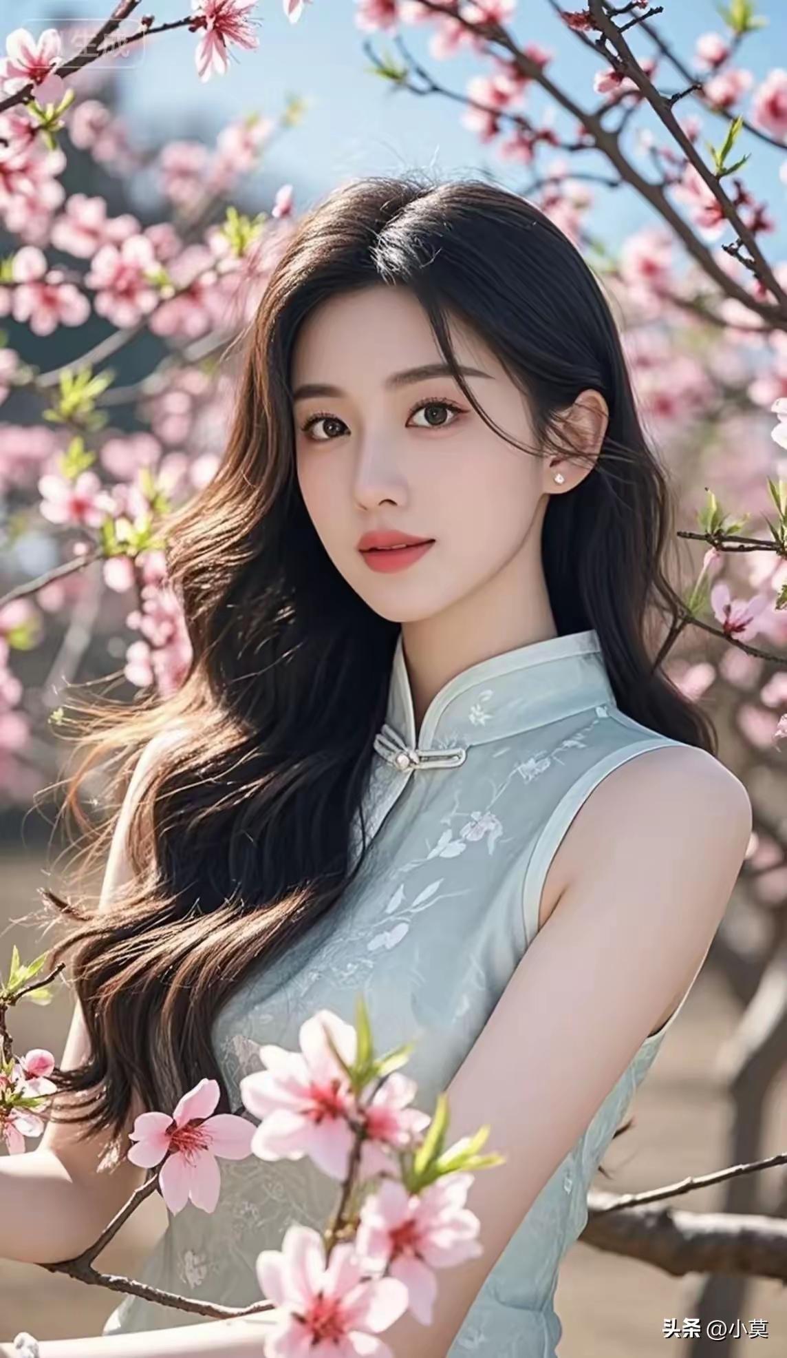 春日花海中的古典美人，粉嫩樱花映衬下的温婉神韵。