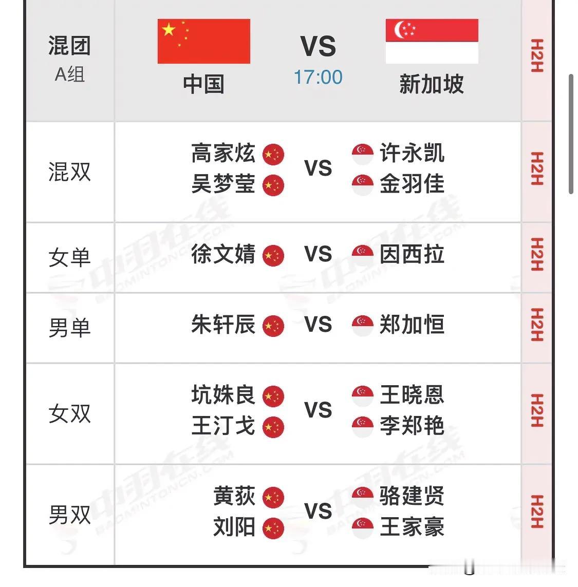 中国🇨🇳VS新加坡🇸🇬
比赛下午5点开打
具体对阵如下