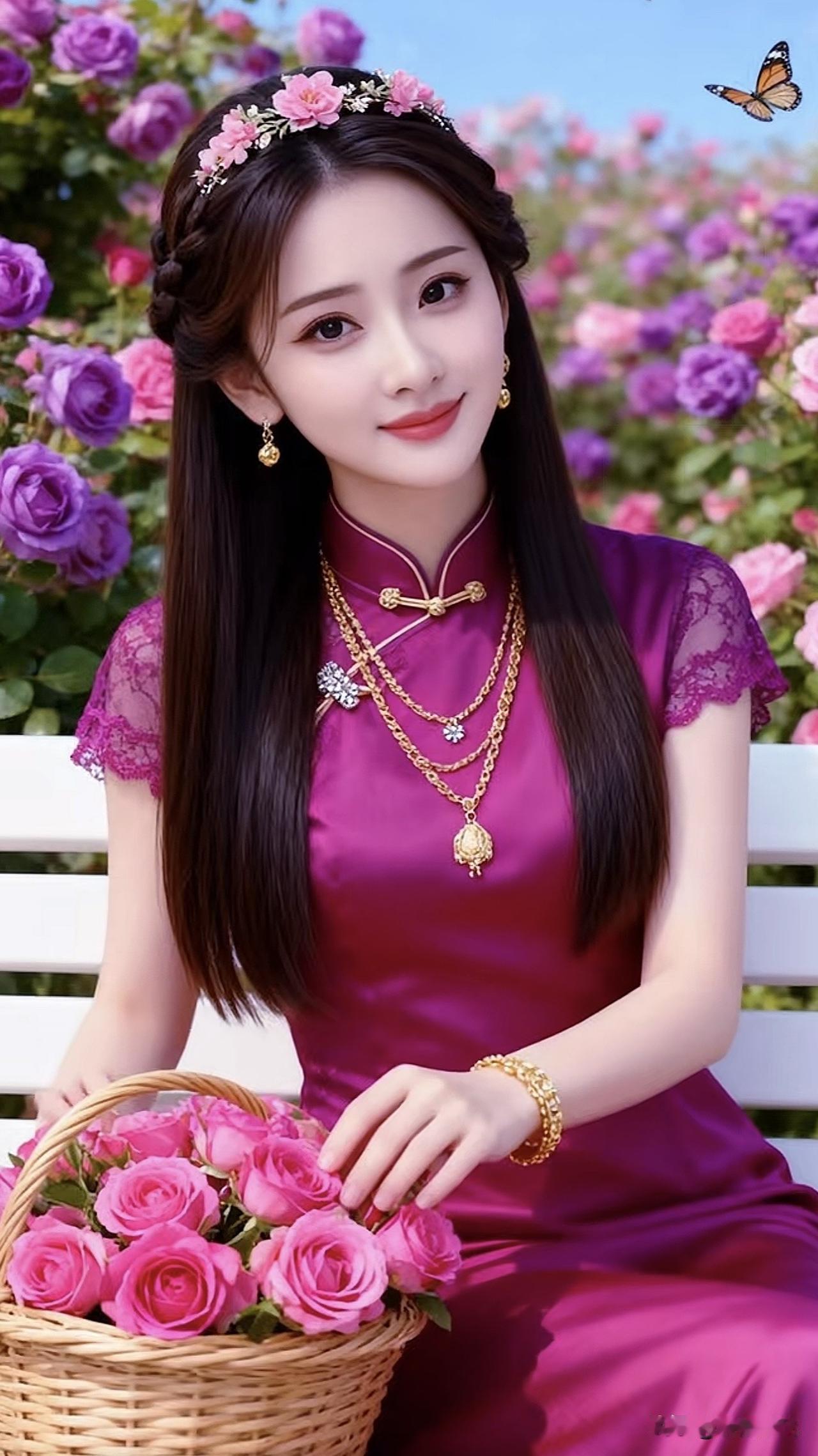 花间美人坐，金钗映日红。蝶吟花间醉三春 紫裙倚坐 红衫美人 紫裙倚坐 红衫美人 