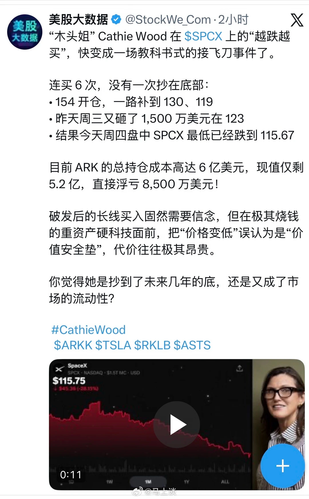 新晋股神木头姐被SpaceX斩杀？木头姐买入马斯克SpaceX总持仓成本高达6亿