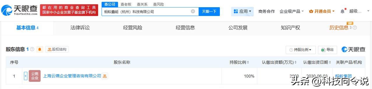 【蚂蚁数科在杭州成立科技新公司 注册资本3000万】
天眼查App显示，近日，蚂