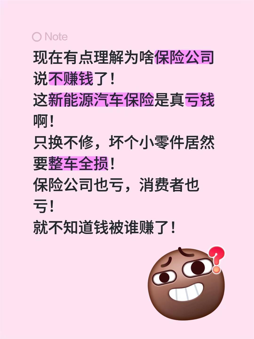 新能源汽车保险公司为啥说亏钱真理解了。现在有点理解为啥保险公司说不赚钱了！这新能