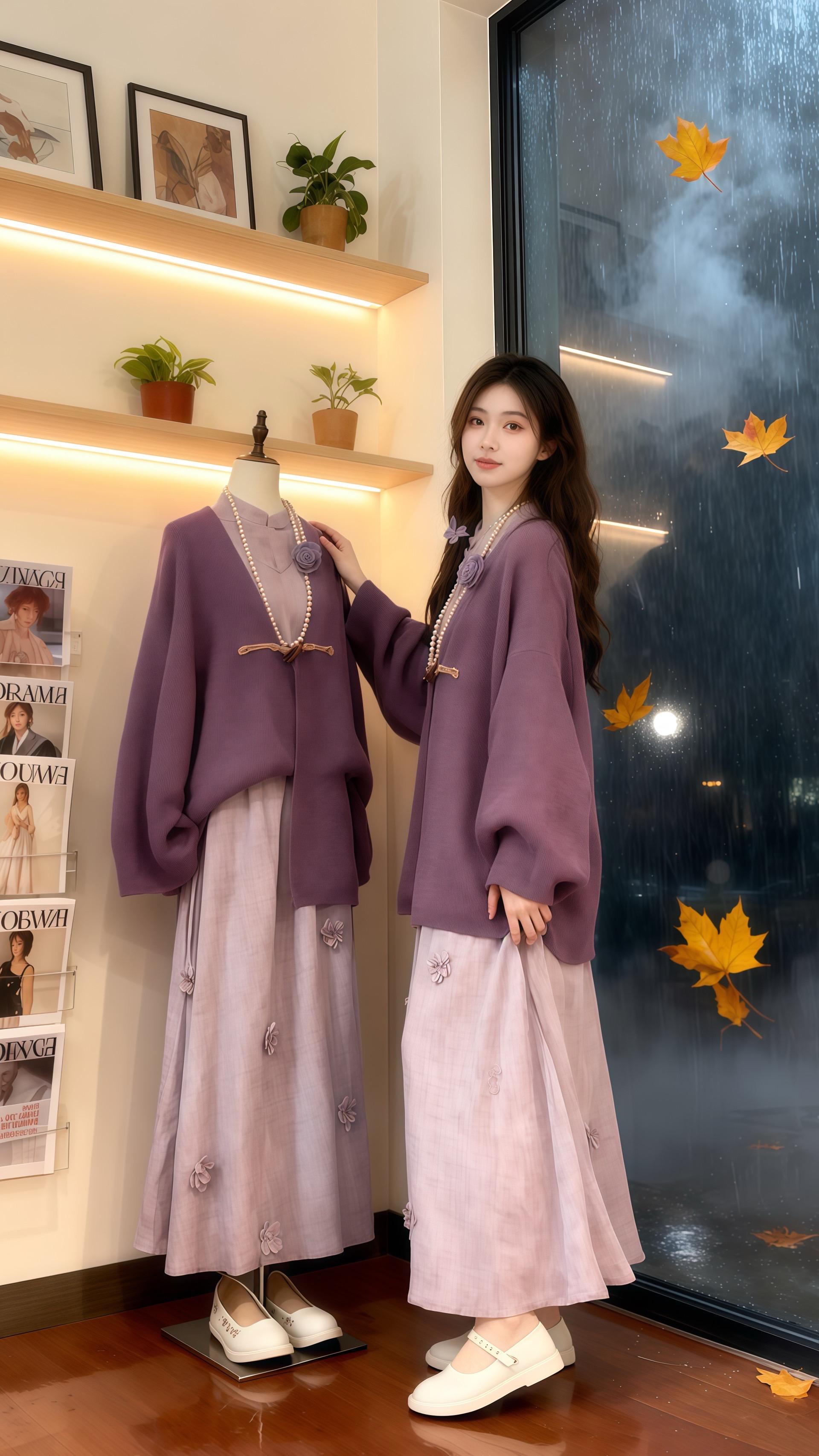 她穿着新中式国风盘针织外套连衣裙两件套，静立在雅致的古筝房内。米白针织...