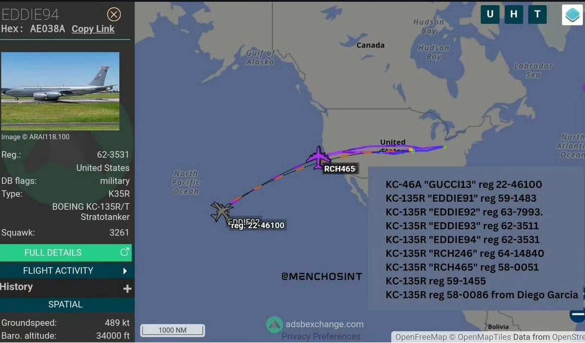 美军机沿伊朗边界飞行最近美军太平洋地区KC-135R空中加油机活动频繁，美国空军