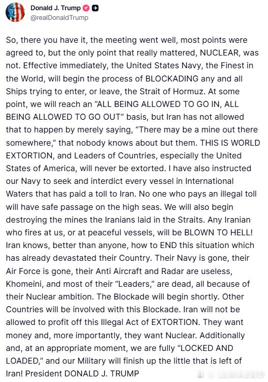 特朗普发帖：好了，情况就是这样：这次会谈总体进展顺利，大多数问题都达成了一致，但