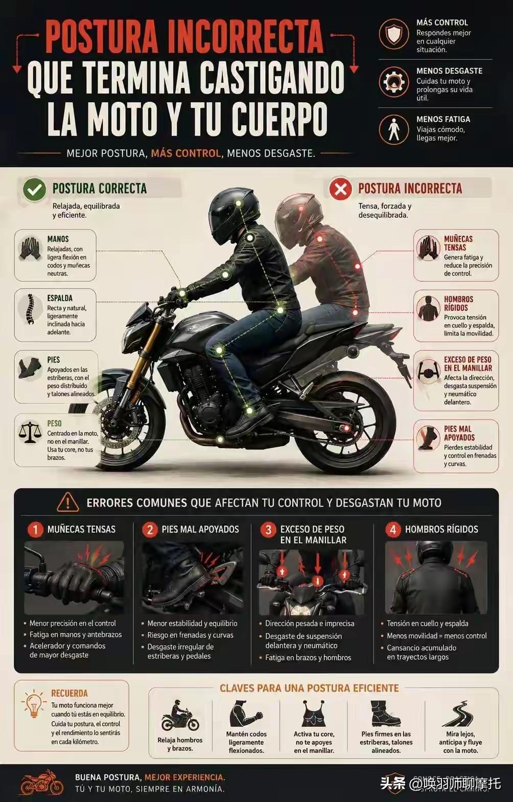 🏍️ 正确骑行姿势三要三不要

· 手臂：要微曲放松，不要锁死绷直

· 肩膀