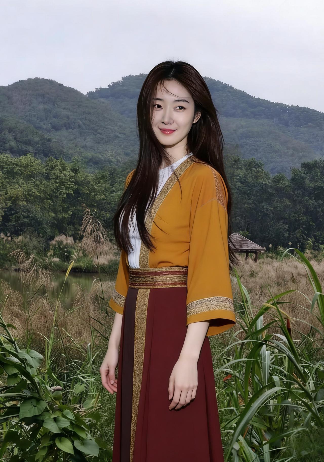 疏苇苍苍覆野塘，木桥曲曲立秋光。
褐衫浅露凝脂腻，红裙轻系落蕊香。
云鬓斜簪风里