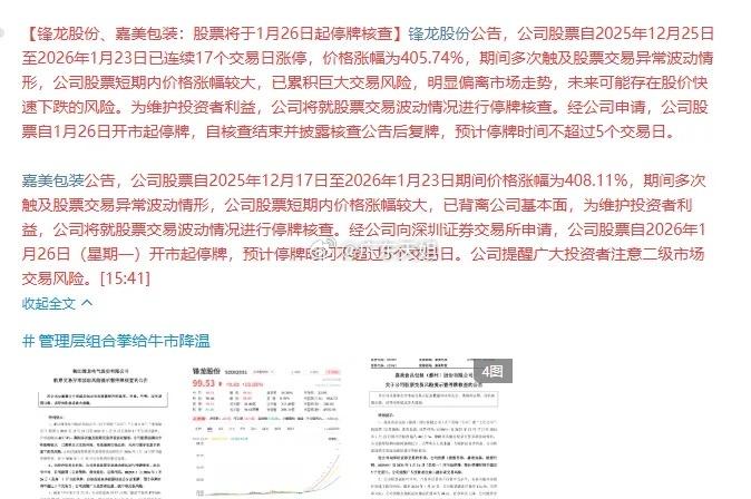 出手了！一口气停牌两大高标妖股锋龙股份，嘉美包装，都是二进宫，本来锋龙股份已经拔