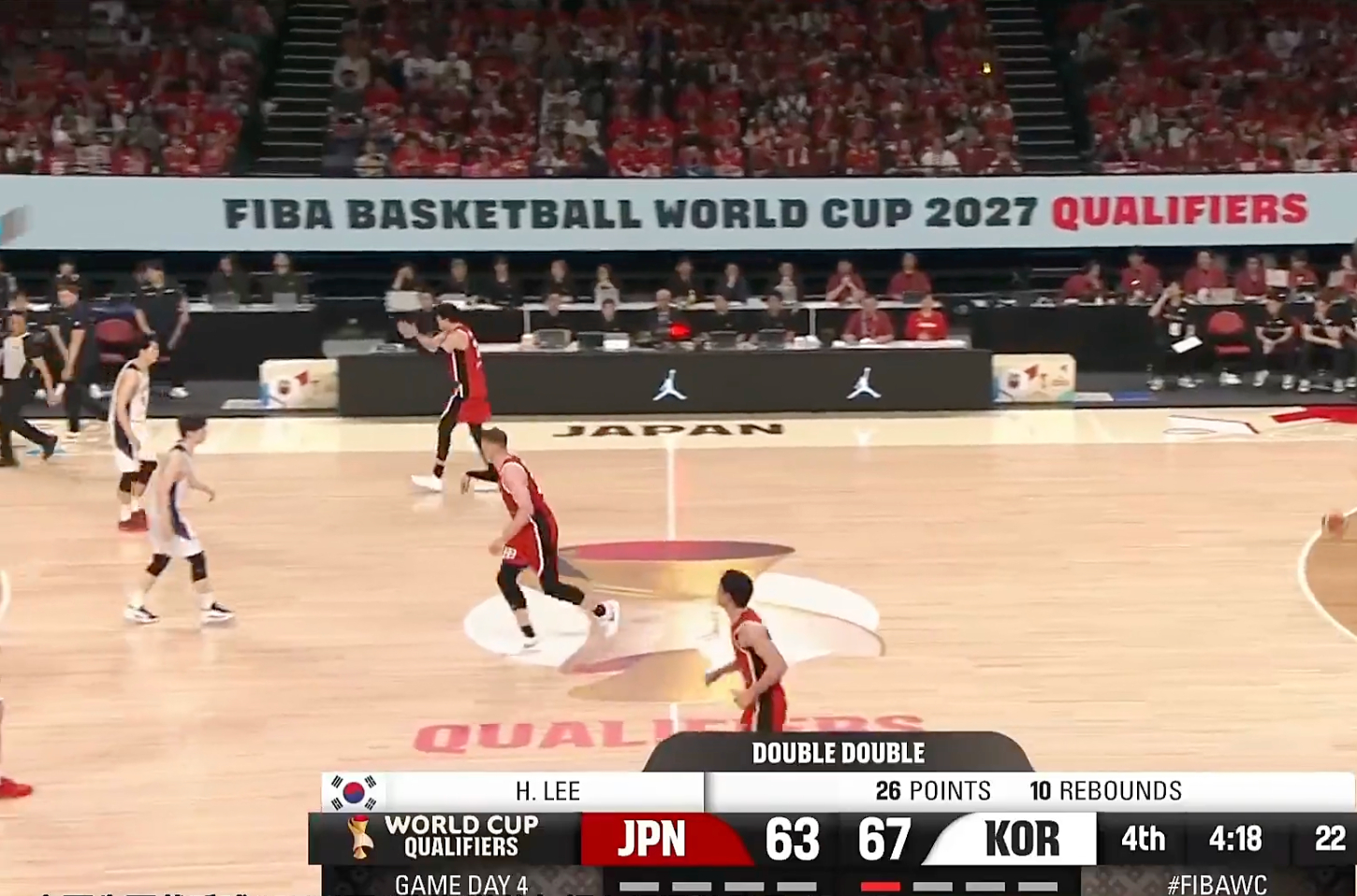 #李贤重韩国最强大腿# 太强了！！李贤重已经拿到26分10篮板了！#独家看男篮世