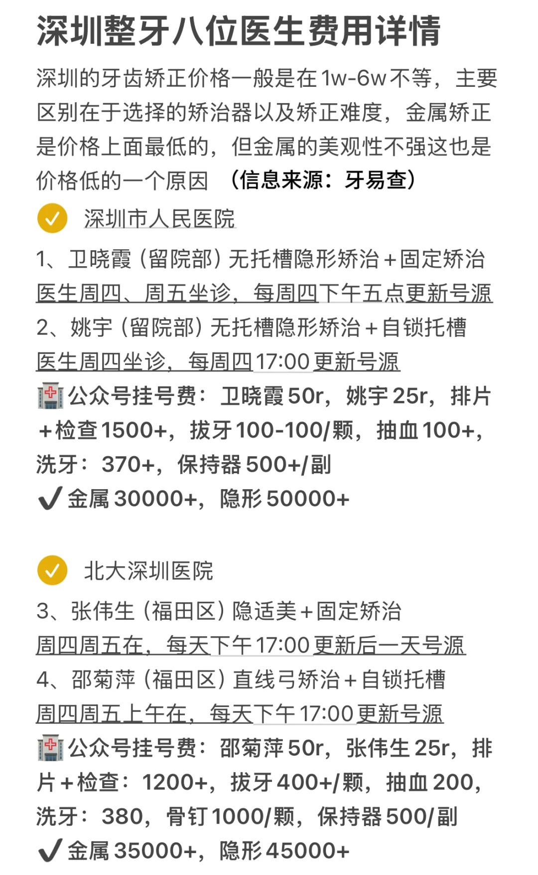 深圳牙齿矫正，八位医生费用详情