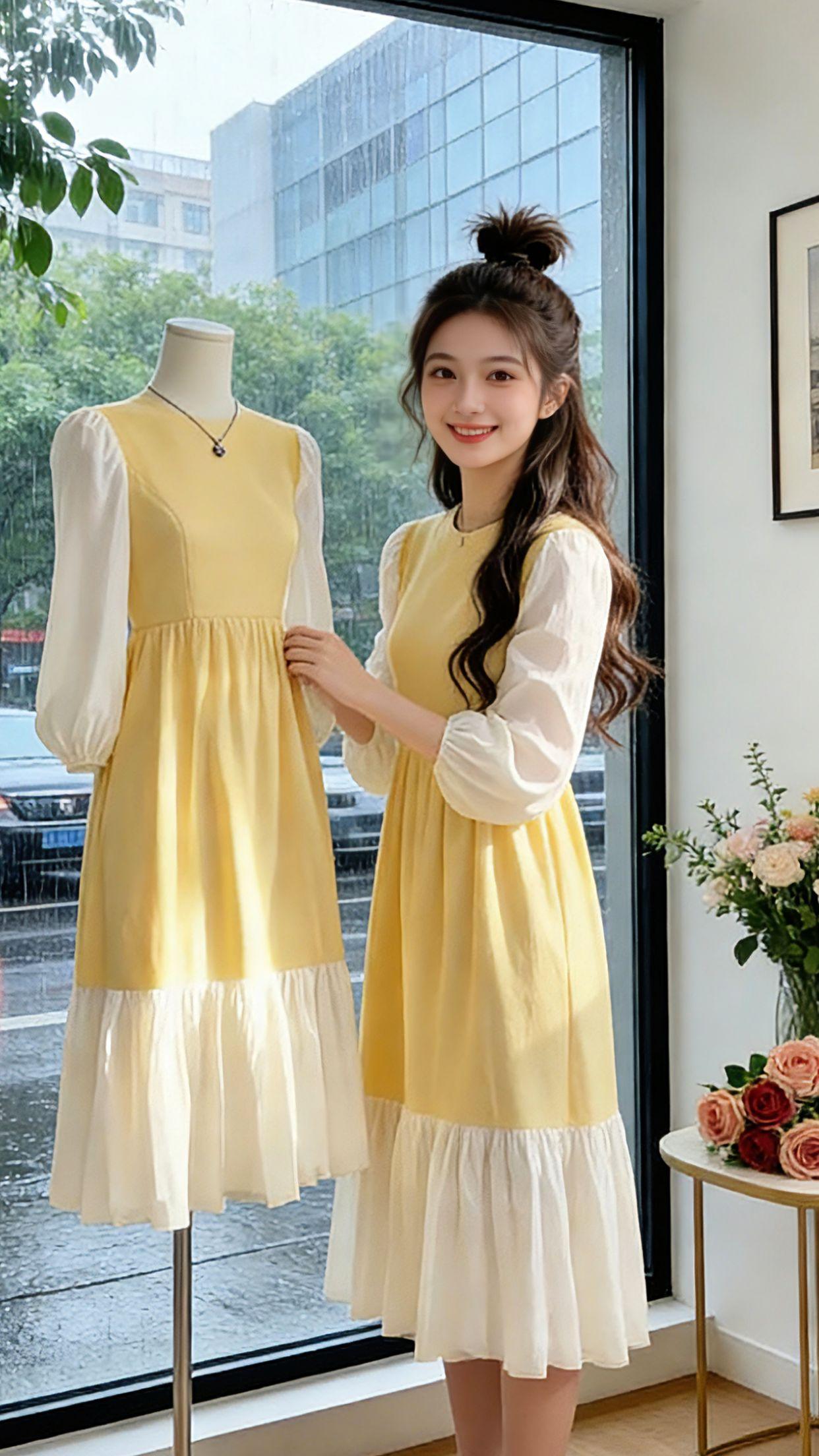春日的温柔都被这条黄裙接住啦！Danny穿上它，不管是室内试穿、江南廊桥漫步，还