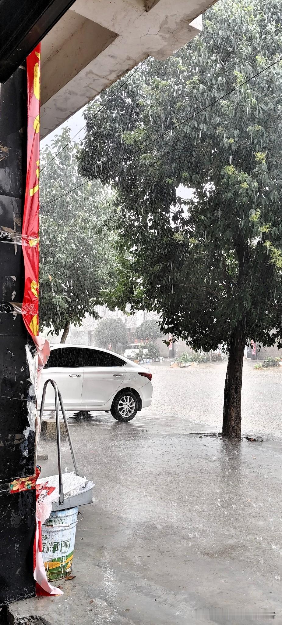 今早出门上街，半路突然下起瓢泼大雨，我赶紧躲在店铺屋檐下避雨。
外头雨丝密密麻麻