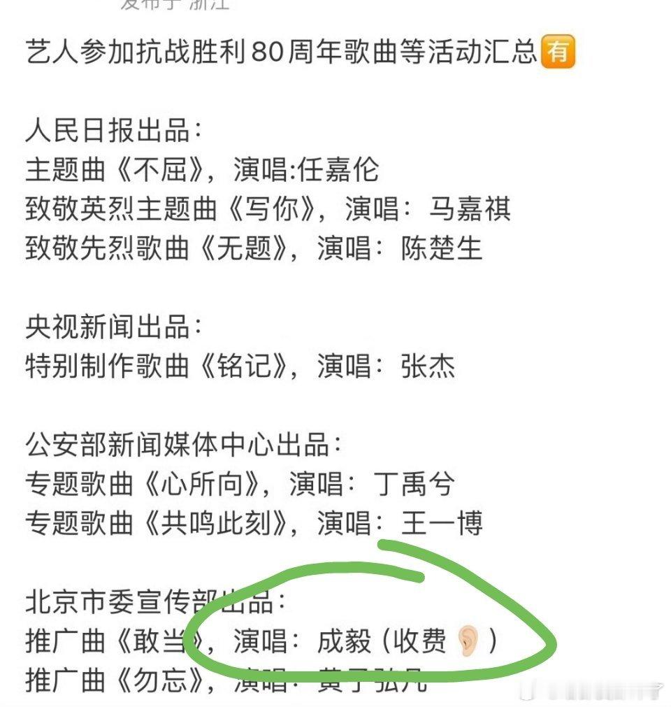 网友总结的抗战80周年歌曲演唱艺人[举手]有一位这么缺💰吗？要收费[震惊] ​