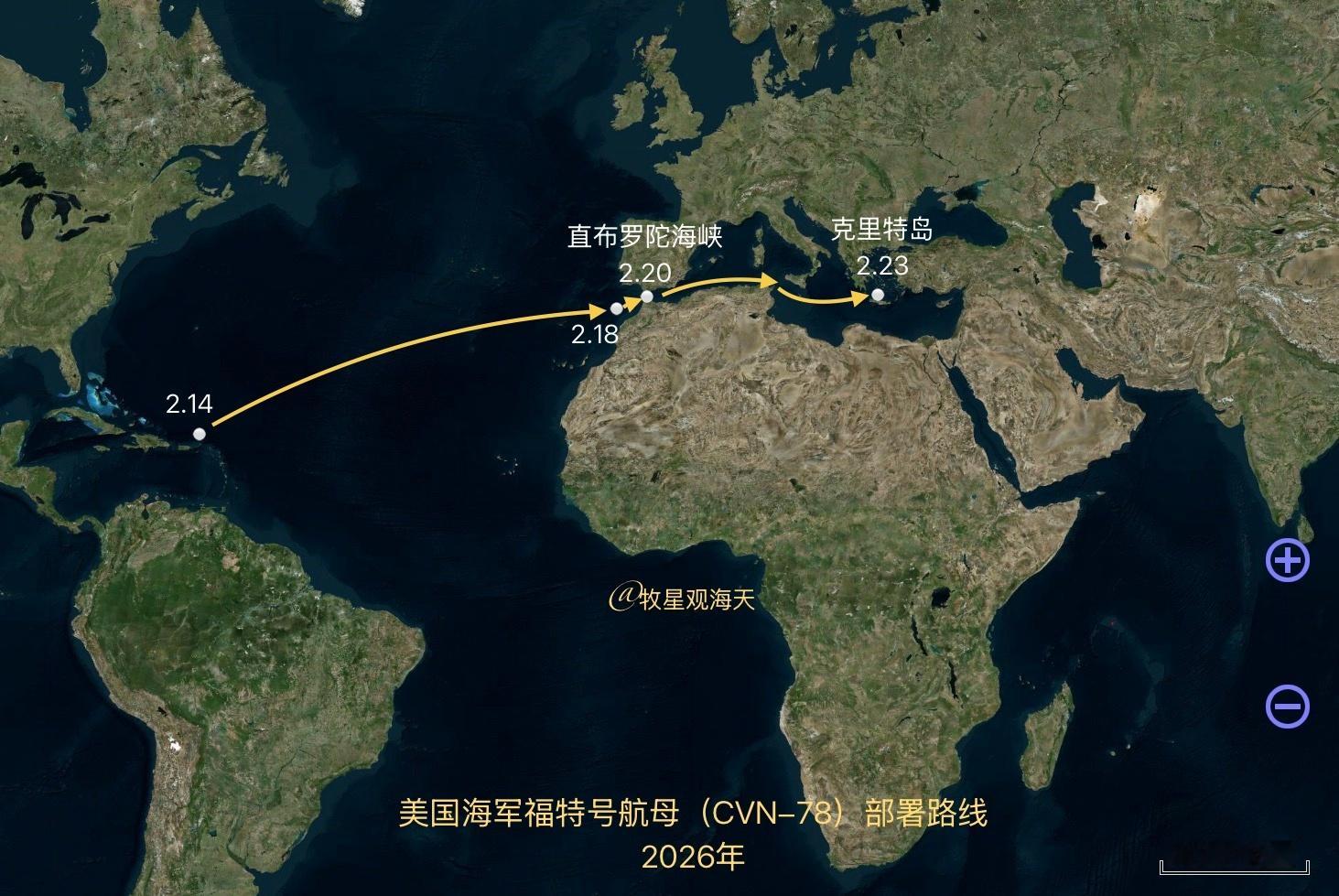 2月23号，卫星在克里特岛以北捕获美国海军福特号航母(CVN-78)。➤从加勒比