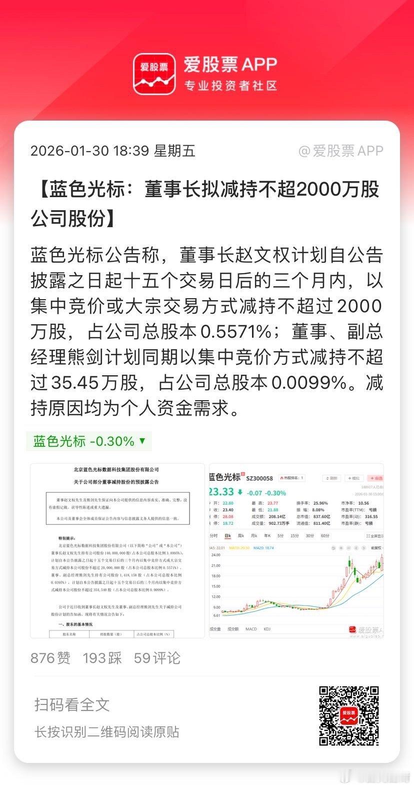 【蓝色光标：董事长拟减持不超2000万股公司股份】蓝色光标公告称，董事长赵文权计