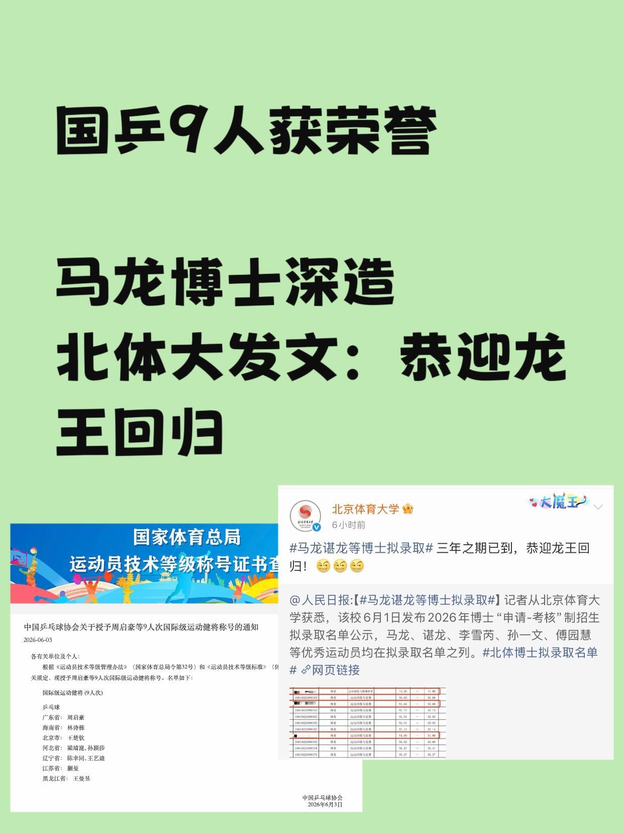 马龙真是全面发展，就这样静悄悄要读博士了，恭喜拟录取，北大的王楚钦和马龙是校友了