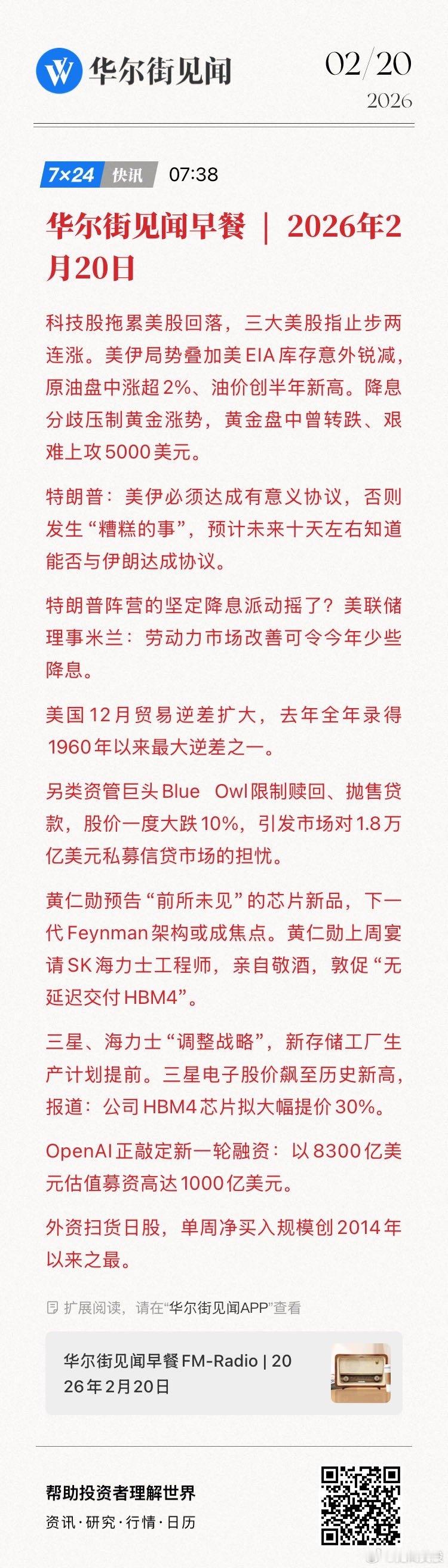【华尔街见闻早餐 | 2026年2月20日】科技股拖累美股回落，三大美股指止步两