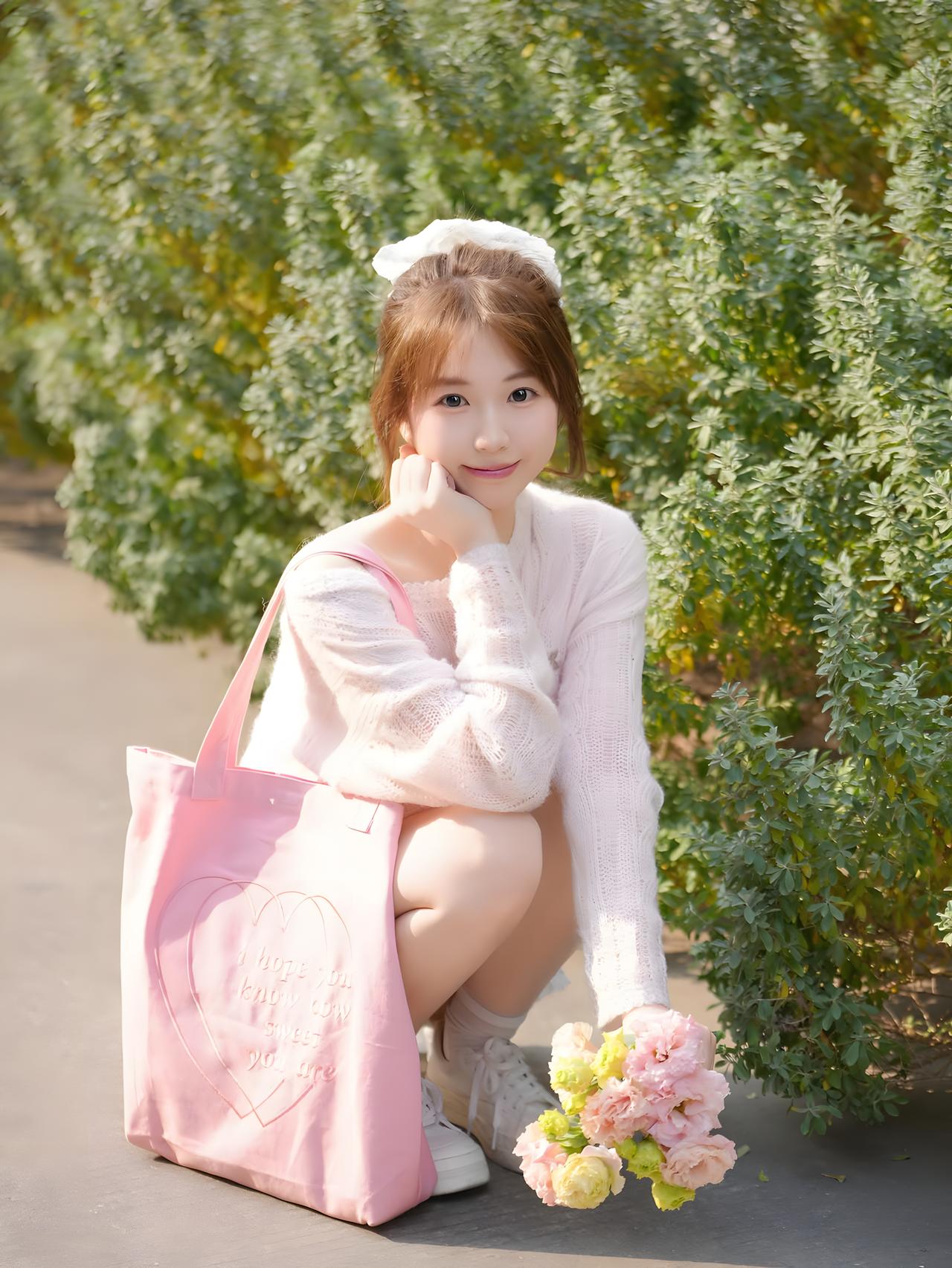 女孩子怎么穿搭既时尚又好看?这位小姐姐气质清甜又温柔，满是春日少女感。她留着柔软