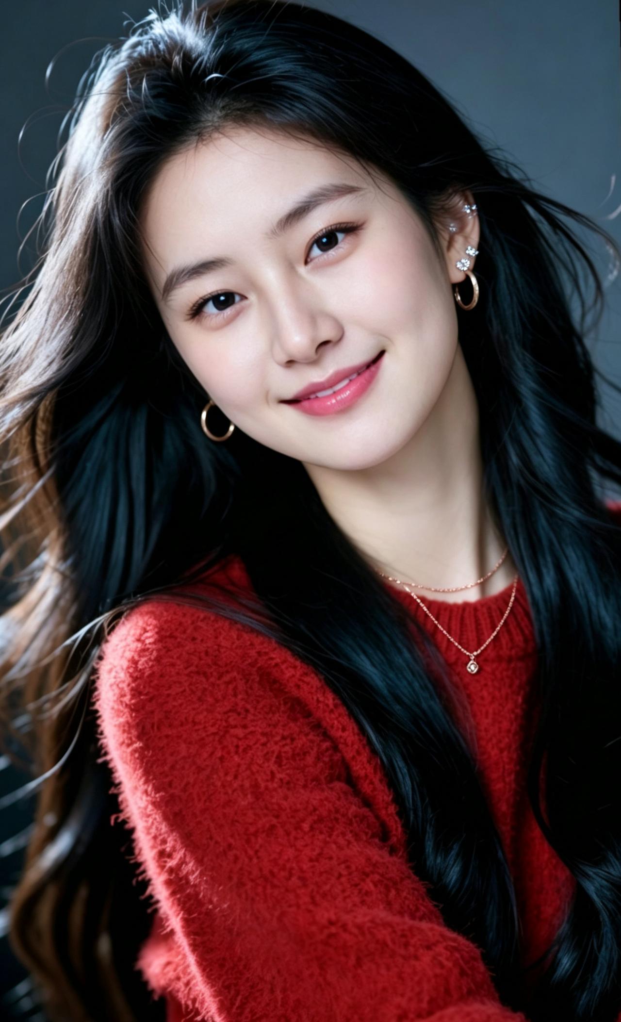 甜美少女，红衣飘逸，微笑动人